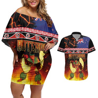 Aotearoa Siva Afi Couples Matching Off Shoulder Short Dress and Hawaiian Shirt Tribal Performers of Aotearoa Fire Knife Dancing LT03 Black - Polynesian Pride