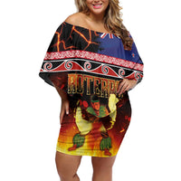 Aotearoa Siva Afi Family Matching Off Shoulder Short Dress and Hawaiian Shirt Tribal Performers of Aotearoa Fire Knife Dancing LT03 Mom's Dress Black - Polynesian Pride