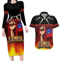 Personalised Samoan Spirit - Samoa Tribal Heritage Couples Matching Long Sleeve Bodycon Dress and Hawaiian Shirt LT03 Black - Polynesian Pride