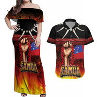 Personalised Samoan Spirit - Samoa Tribal Heritage Couples Matching Off Shoulder Maxi Dress and Hawaiian Shirt LT03 Black - Polynesian Pride
