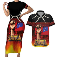 Personalised Samoan Spirit - Samoa Tribal Heritage Couples Matching Short Sleeve Bodycon Dress and Hawaiian Shirt LT03 Black - Polynesian Pride