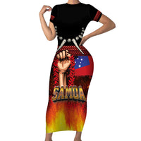 Personalised Samoan Spirit - Samoa Tribal Heritage Family Matching Short Sleeve Bodycon Dress and Hawaiian Shirt LT03 Mom's Dress Black - Polynesian Pride