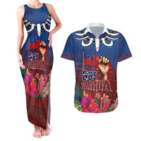 Proud of Samoa Couples Matching Tank Maxi Dress and Hawaiian Shirt Ula Nifo with Samoa 685 and Hibiscus Tapa Tribal Pattern LT03 Blue - Polynesian Pride
