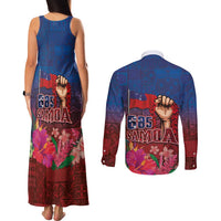 Proud of Samoa Couples Matching Tank Maxi Dress and Long Sleeve Button Shirt Ula Nifo with Samoa 685 and Hibiscus Tapa Tribal Pattern LT03 - Polynesian Pride