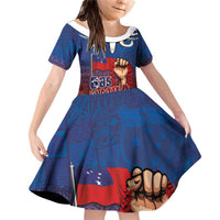 Proud of Samoa Family Matching Off Shoulder Short Dress and Hawaiian Shirt Ula Nifo with Samoa 685 and Hibiscus Tapa Tribal Pattern LT03 Daughter's Dress Blue - Polynesian Pride
