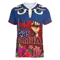 Proud of Samoa Women V-Neck T-Shirt Ula Nifo with Samoa 685 and Hibiscus Tapa Tribal Pattern LT03 Female Blue - Polynesian Pride