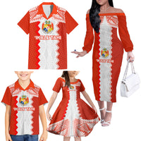 Custom Tonga Rugby Family Matching Off Shoulder Long Sleeve Dress and Hawaiian Shirt Ikale Tahi Ngatu Tribal Pattern LT03 - Polynesian Pride