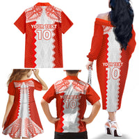 Custom Tonga Rugby Family Matching Off Shoulder Long Sleeve Dress and Hawaiian Shirt Ikale Tahi Ngatu Tribal Pattern LT03 - Polynesian Pride
