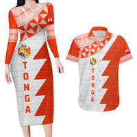 Custom Tonga Rugby Couples Matching Long Sleeve Bodycon Dress and Hawaiian Shirt Ikale Tahi Ngatu Tribal Pattern Half Style LT03 Orange - Polynesian Pride