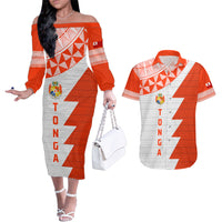 Custom Tonga Rugby Couples Matching Off The Shoulder Long Sleeve Dress and Hawaiian Shirt Ikale Tahi Ngatu Tribal Pattern Half Style LT03 Orange - Polynesian Pride