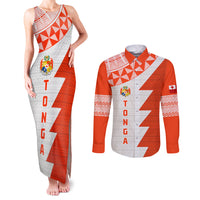 Custom Tonga Rugby Couples Matching Tank Maxi Dress and Long Sleeve Button Shirt Ikale Tahi Ngatu Tribal Pattern Half Style LT03 Orange - Polynesian Pride