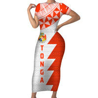 Custom Tonga Rugby Family Matching Short Sleeve Bodycon Dress and Hawaiian Shirt Ikale Tahi Ngatu Tribal Pattern Half Style LT03 Mom's Dress Orange - Polynesian Pride