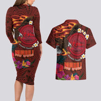 American Samoa Manulele Tausala Nu'uuli Couples Matching Long Sleeve Bodycon Dress and Hawaiian Shirt Tatau Art Pattern with Tropical Plants LT03 - Polynesian Pride
