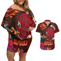 American Samoa Manulele Tausala Nu'uuli Couples Matching Off Shoulder Short Dress and Hawaiian Shirt Tatau Art Pattern with Tropical Plants LT03 Red - Polynesian Pride