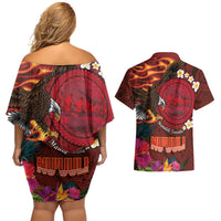 American Samoa Manulele Tausala Nu'uuli Couples Matching Off Shoulder Short Dress and Hawaiian Shirt Tatau Art Pattern with Tropical Plants LT03 - Polynesian Pride