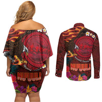 American Samoa Manulele Tausala Nu'uuli Couples Matching Off Shoulder Short Dress and Long Sleeve Button Shirt Tatau Art Pattern with Tropical Plants