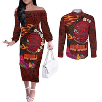 American Samoa Manulele Tausala Nu'uuli Couples Matching Off The Shoulder Long Sleeve Dress and Long Sleeve Button Shirt Tatau Art Pattern with Tropical Plants LT03 Red - Polynesian Pride