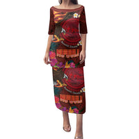 American Samoa Manulele Tausala Nu'uuli Family Matching Puletasi and Hawaiian Shirt Tatau Art Pattern with Tropical Plants LT03 Mom's Dress Red - Polynesian Pride