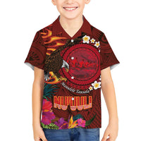 American Samoa Manulele Tausala Nu'uuli Family Matching Short Sleeve Bodycon Dress and Hawaiian Shirt Tatau Art Pattern with Tropical Plants LT03 Son's Shirt Red - Polynesian Pride