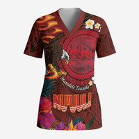 American Samoa Manulele Tausala Nu'uuli Scrub Top Tatau Art Pattern with Tropical Plants LT03 Adult Red - Polynesian Pride