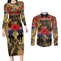 Australia and New Zealand ANZAC Day Couples Matching Long Sleeve Bodycon Dress and Long Sleeve Button Shirt Kangaroo and Kiwi Bird Soldier-Honor and Remember Vintage Style LT03 Beige - Polynesian Pride
