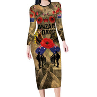 Australia and New Zealand ANZAC Day Family Matching Long Sleeve Bodycon Dress and Hawaiian Shirt Kangaroo and Kiwi Bird Soldier-Honor and Remember Vintage Style LT03 Mom's Dress Beige - Polynesian Pride