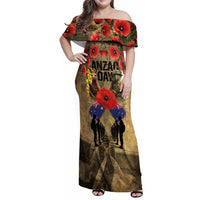 Australia and New Zealand ANZAC Day Family Matching Off Shoulder Maxi Dress and Hawaiian Shirt Kangaroo and Kiwi Bird Soldier-Honor and Remember Vintage Style LT03 Mom's Dress Beige - Polynesian Pride