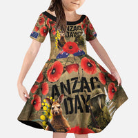 Australia and New Zealand ANZAC Day Family Matching Puletasi and Hawaiian Shirt Kangaroo and Kiwi Bird Soldier-Honor and Remember Vintage Style LT03 Daughter's Dress Beige - Polynesian Pride