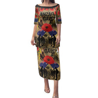 Australia and New Zealand ANZAC Day Family Matching Puletasi and Hawaiian Shirt Kangaroo and Kiwi Bird Soldier-Honor and Remember Vintage Style LT03 Mom's Dress Beige - Polynesian Pride