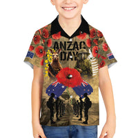 Australia and New Zealand ANZAC Day Family Matching Short Sleeve Bodycon Dress and Hawaiian Shirt Kangaroo and Kiwi Bird Soldier-Honor and Remember Vintage Style LT03 Son's Shirt Beige - Polynesian Pride