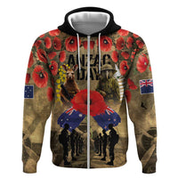 Australia and New Zealand ANZAC Day Hoodie Kangaroo and Kiwi Bird Soldier-Honor and Remember Vintage Style LT03 Zip Hoodie Beige - Polynesian Pride