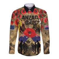 Australia and New Zealand ANZAC Day Long Sleeve Button Shirt Kangaroo and Kiwi Bird Soldier-Honor and Remember Vintage Style LT03 Unisex Beige - Polynesian Pride