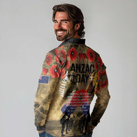 Australia and New Zealand ANZAC Day Long Sleeve Polo Shirt Kangaroo and Kiwi Bird Soldier-Honor and Remember Vintage Style LT03 - Polynesian Pride