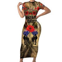 Australia and New Zealand ANZAC Day Short Sleeve Bodycon Dress Kangaroo and Kiwi Bird Soldier-Honor and Remember Vintage Style LT03 Long Dress Beige - Polynesian Pride