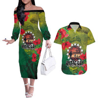 Cook Islands ANDAC Day Couples Matching Off The Shoulder Long Sleeve Dress and Hawaiian Shirt Honor and Remember Soliders-Forever in My Thoughts Grunge Style LT03 Green-Yellow - Polynesian Pride