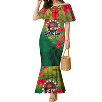 Cook Islands ANDAC Day Family Matching Mermaid Dress and Hawaiian Shirt Honor and Remember Soliders-Forever in My Thoughts Grunge Style LT03 Mom's Dress Green-Yellow - Polynesian Pride