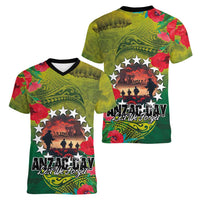 Cook Islands ANDAC Day Women V-Neck T-Shirt Honor and Remember Soliders-Forever in My Thoughts Grunge Style LT03 - Polynesian Pride