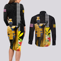 Hawaii King Kamehameha Day Couples Matching Long Sleeve Bodycon Dress and Long Sleeve Button Shirt Kanaka Maoli Hibiscus Flower and Kakau Pattern LT03 - Polynesian Pride