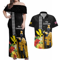 Hawaii King Kamehameha Day Couples Matching Off Shoulder Maxi Dress and Hawaiian Shirt Kanaka Maoli Hibiscus Flower and Kakau Pattern LT03 Black - Polynesian Pride