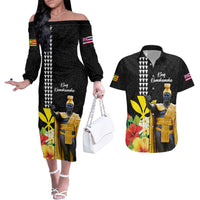 Hawaii King Kamehameha Day Couples Matching Off The Shoulder Long Sleeve Dress and Hawaiian Shirt Kanaka Maoli Hibiscus Flower and Kakau Pattern LT03 Black - Polynesian Pride