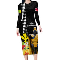 Hawaii King Kamehameha Day Family Matching Long Sleeve Bodycon Dress and Hawaiian Shirt Kanaka Maoli Hibiscus Flower and Kakau Pattern LT03 Mom's Dress Black - Polynesian Pride