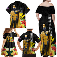 Hawaii King Kamehameha Day Family Matching Off Shoulder Maxi Dress and Hawaiian Shirt Kanaka Maoli Hibiscus Flower and Kakau Pattern LT03 - Polynesian Pride