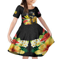 Hawaii King Kamehameha Day Kid Short Sleeve Dress Kanaka Maoli Hibiscus Flower and Kakau Pattern LT03 KID Black - Polynesian Pride