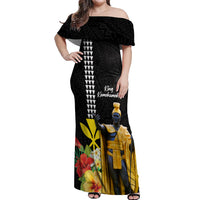 Hawaii King Kamehameha Day Off Shoulder Maxi Dress Kanaka Maoli Hibiscus Flower and Kakau Pattern LT03 Women Black - Polynesian Pride