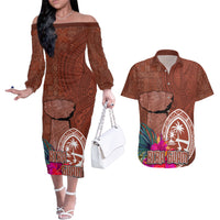 Chamorro Biba Guam Couples Matching Off The Shoulder Long Sleeve Dress and Hawaiian Shirt Latte Stone Tribal and Hibiscus Flower Tapa Pattern LT03 Brown - Polynesian Pride