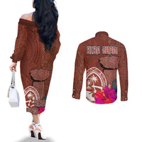 Chamorro Biba Guam Couples Matching Off The Shoulder Long Sleeve Dress and Long Sleeve Button Shirt Latte Stone Tribal and Hibiscus Flower Tapa Pattern LT03 - Polynesian Pride