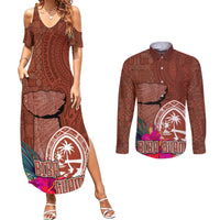 Chamorro Biba Guam Couples Matching Summer Maxi Dress and Long Sleeve Button Shirt Latte Stone Tribal and Hibiscus Flower Tapa Pattern LT03 Brown - Polynesian Pride