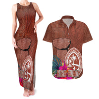 Chamorro Biba Guam Couples Matching Tank Maxi Dress and Hawaiian Shirt Latte Stone Tribal and Hibiscus Flower Tapa Pattern LT03 Brown - Polynesian Pride