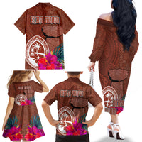 Chamorro Biba Guam Family Matching Off The Shoulder Long Sleeve Dress and Hawaiian Shirt Latte Stone Tribal and Hibiscus Flower Tapa Pattern LT03 - Polynesian Pride