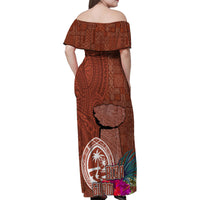 Chamorro Biba Guam Family Matching Off Shoulder Maxi Dress and Hawaiian Shirt Latte Stone Tribal and Hibiscus Flower Tapa Pattern LT03 - Polynesian Pride